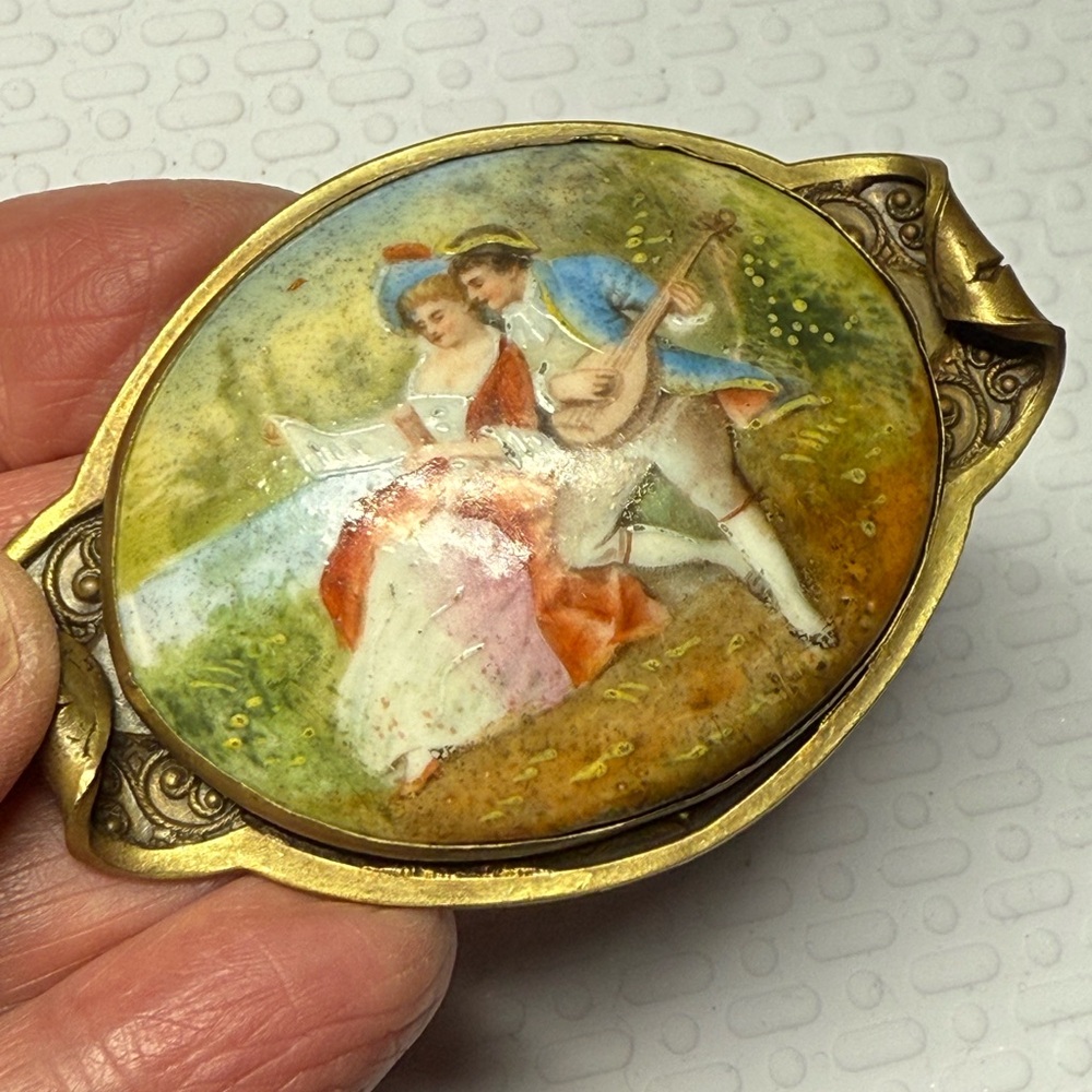 Victorian Hand-Painted Brooch with Romantic Scene